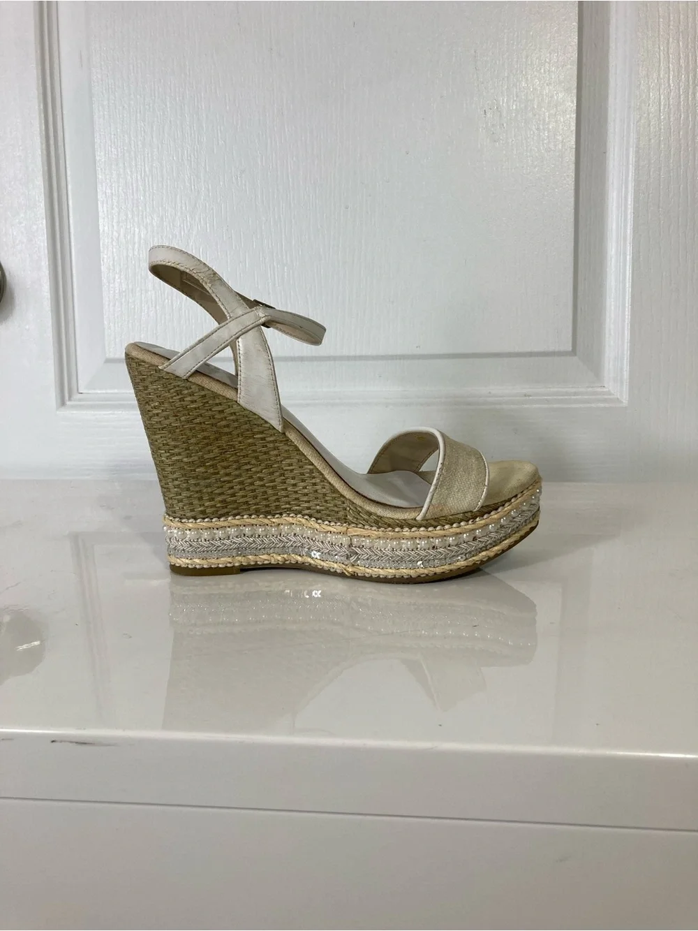 MIA Espadrilles Women 8 Strappy Wedge Pearls Sequins Cream Sandals